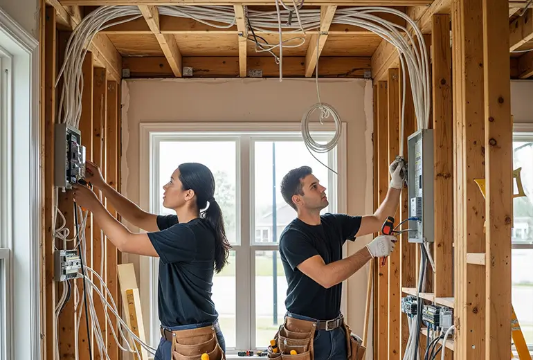 Two electricians running new wiring through the open framing of a house